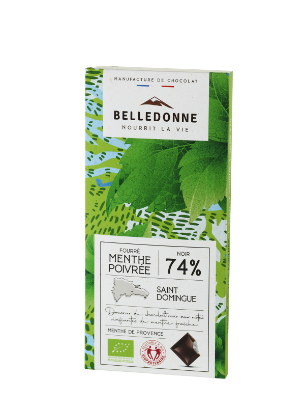 Belledonne -- Tablette fourrée - chocolat noir 74% menthe poivrée - 80 g