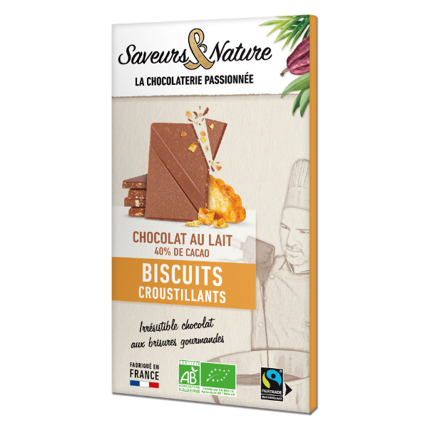 Saveurs & Nature -- Tablette de chocolat au lait bio 40% de cacao aux éclats de biscuits - 80 g