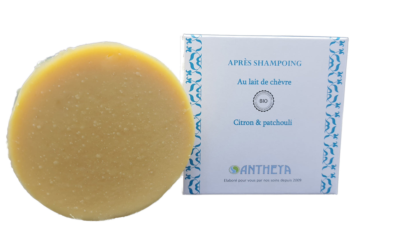 Antheya -- Après-shampoing solide lait de chèvre/citron/patchouli - brillance (boîte) - 90 g